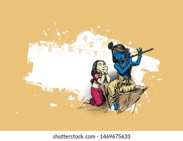 Happy Janmashtami festival holiday - Lord Krishna playing bansuri (flute) with Radha, Hand Drawn Sketch Vector illustration.