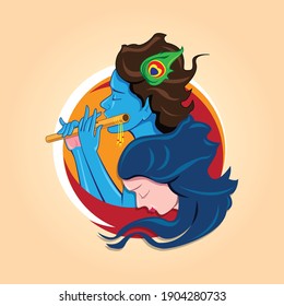 Happy Janmashtami festival holiday - Lord Krishna playing bansuri (flute) with Radha rani, Hand Drawn colorful Vector illustration. the symbol of peace and love.