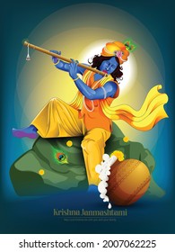 Happy Janmashtami festival of India with illustration of Lord Krishna playing bansuri (flute)