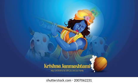 Happy Janmashtami festival of India with illustration of Lord Krishna playing bansuri (flute)