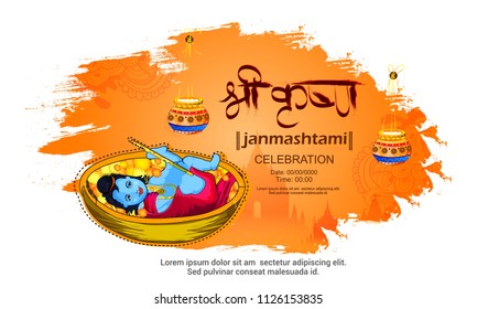 Happy Janmashtami festival of India with text, illustration of Lord Krishna 