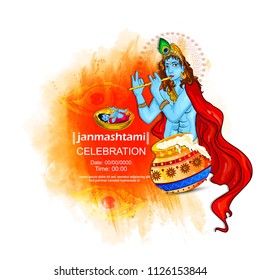 Happy Janmashtami festival of India with text, illustration of Lord Krishna 