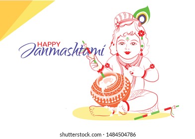Happy Janmashtami festival of India with text, illustration of Lord Krishna