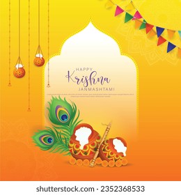 Happy Janmashtami festival poster template design with dahi handi and peacock feather. vector illustration .