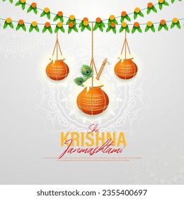 Happy Janmashtami festival poster template design with dahi handi and peacock feather. vector illustration .