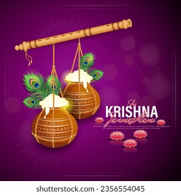 Happy Janmashtami festival poster template design with dahi handi and peacock feather. vector illustration .