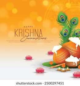 Happy Janmashtami Festival Poster Template Design mit Dahi Handi und Pfau Feder. Vektorgrafik .