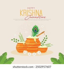 Happy Janmashtami festival poster template design with dahi handi and peacock feather. vector illustration .