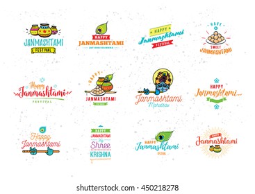 Happy Janmashtami festival typographic vector design with text, Lord Krishna, flute, sweets . Isolated. Usable for Janmashtami banners, greeting cards, t-shirts, print. Janmashtami indian holiday.