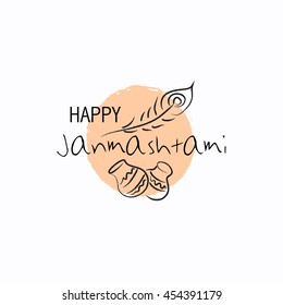 Happy Janmashtami festival typographic vector design with text, pots, Lord Krishna, flute and peacock feather. Usable for banners, greeting cards, t-shirts, print.
