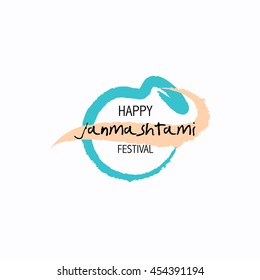 Happy Janmashtami festival typographic vector design with text, pots, Lord Krishna, flute and peacock feather. Usable for banners, greeting cards, t-shirts, print.