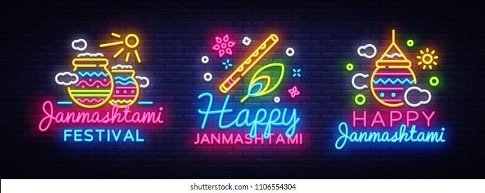 Happy Janmashtami greeting card collection neon vector design template. Neon sign, modern trend design for Indian festival. Dahi handi is Janmashtami celebration. Template for flyer, banner. Vector