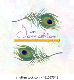 Happy Janmashtami. Greeting card for Krishna Janmashtami. Indian fest - celebrating birth of Krishna. Template for creative flyer, banner, poster. Vector illustration peacock feather and flute