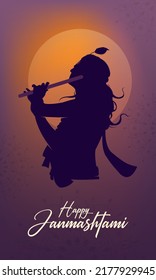 Happy Janmashtami Hindi text with Lord Krishna playing flute vector illustration, the Indian festival Janmashtami celebration banner, digital post, poster, and card design