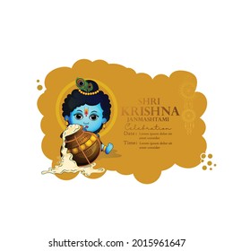 Happy Janmashtami, illustration of Lord Krishna playing bansuri (flute) and dahi handi competition with 