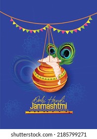 Happy Janmashtami, illustration of Lord Krishna playing bansuri (flute) with Dahi Handi and peacock feather, Gokulashtami