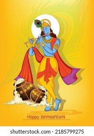 Happy Janmashtami, illustration of Lord Krishna playing bansuri (flute) with Dahi Handi and peacock feather, Gokulashtami