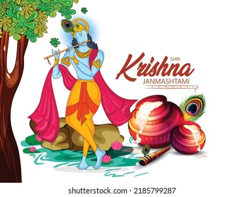 Happy Janmashtami, illustration of Lord Krishna playing bansuri (flute) with Dahi Handi and peacock feather, Gokulashtami