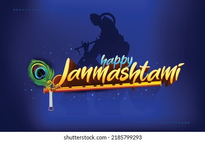 Happy Janmashtami, illustration of Lord Krishna playing bansuri (flute) with Dahi Handi and peacock feather, Gokulashtami