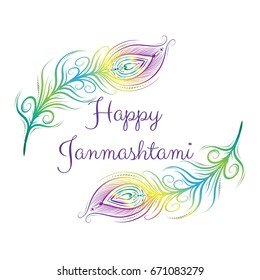 Happy janmashtami, Indian feast of the birth of Krishna.  Greeting card janmashtami with peacock feathers. Vector illustration.