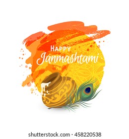 Happy Janmashtami. Indian fest. Dahi handi on Janmashtami, celebrating birth of Krishna. Watercolor abstract background. Template for creative flyer, banner, greeting cards Vector illustration