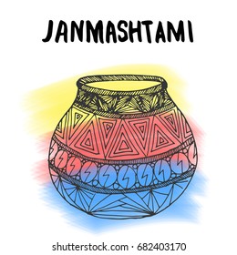 Happy Janmashtami. Indian fest. Dahi handi on Janmashtami, celebrating birth of Krishna. Watercolor abstract background. Template for creative flyer, banner, greeting cards Vector illustration