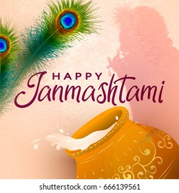 Happy Janmashtami Indian fest decoration background. Celebration of birth of Lord Krishna. Template for flyer, logo, banner, greeting cards. Hand drawn Vector illustration of Dahi Handi on Janmashtami