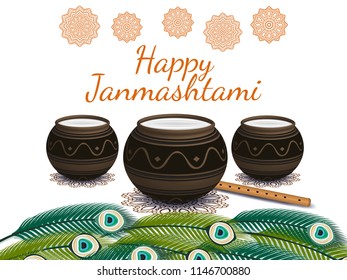 Happy Janmashtami. Indian festival. Dahi handi on Janmashtami, celebrating birth of Krishna. Vector illustration.