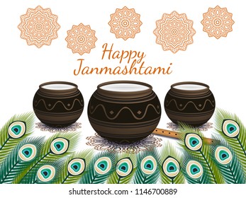 Happy Janmashtami. Indian festival. Dahi handi on Janmashtami, celebrating birth of Krishna. Vector illustration.