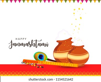Happy Janmashtami. Indian festival Dahi handi on Janmashtami, celebrating birth of Krishna. Abstract background,
Template for creative flyer, banner, greeting cards Vector illustration
