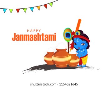 Happy Janmashtami. Indian festival Dahi handi on Janmashtami, celebrating birth of Krishna. Abstract background,
Template for creative flyer, banner, greeting cards Vector illustration
