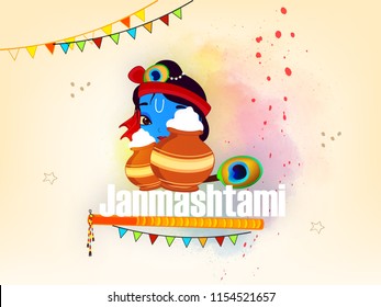 Happy Janmashtami. Indian festival Dahi handi on Janmashtami, celebrating birth of Krishna. Abstract background,
Template for creative flyer, banner, greeting cards Vector illustration
