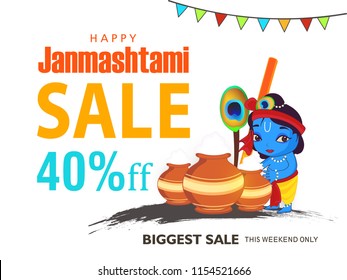 Happy Janmashtami. Indian festival Dahi handi on Janmashtami, celebrating birth of Krishna. Abstract background,
Template for creative flyer, banner, greeting cards Vector illustration
