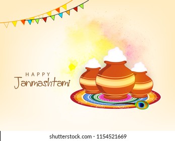 Happy Janmashtami. Indian festival Dahi handi on Janmashtami, celebrating birth of Krishna. Abstract background,
Template for creative flyer, banner, greeting cards Vector illustration
