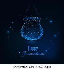 Happy Janmashtami, indian festival dahi handi celebration greeting card template. Futuristic glowing low polygonal dark blue background.  Modern design vector illustration. 