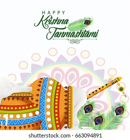 Happy Janmashtami. Indian festival. Dahi handi on Janmashtami, celebrating birth of Krishna.  Template for creative flyer, banner, greeting cards Vector illustration
