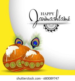 Happy Janmashtami. Indian festival. Dahi handi on Janmashtami, celebrating birth of Krishna.  Template for creative flyer, banner, greeting cards Vector illustration