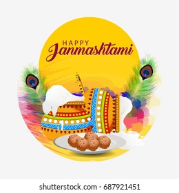 Happy Janmashtami. Indian festival. Dahi handi on Janmashtami, celebrating birth of Krishna.  Template for creative flyer, banner, greeting cards Vector illustration