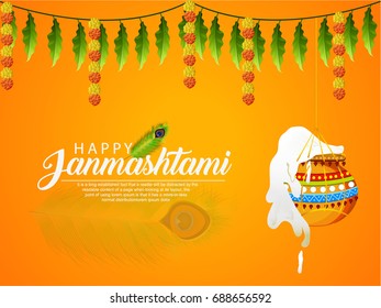 Happy Janmashtami. Indian festival. Dahi handi on Janmashtami, celebrating birth of Krishna.  Template for creative flyer, banner, greeting cards Vector illustration