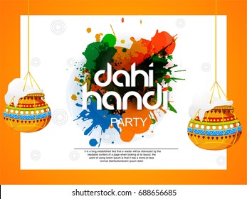 Happy Janmashtami. Indian festival. Dahi handi on Janmashtami, celebrating birth of Krishna.  Template for creative flyer, banner, greeting cards Vector illustration