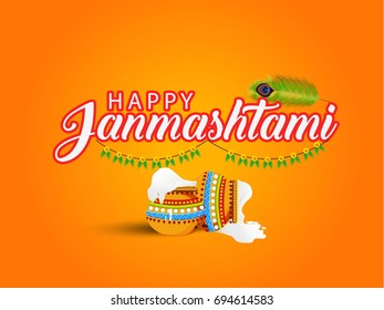 Happy Janmashtami. Indian festival. Dahi handi on Janmashtami, celebrating birth of Krishna.  Template for creative flyer, banner, greeting cards Vector illustration
