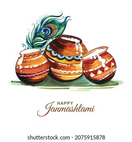 Happy Janmashtami Indian festival design with matki and makhan