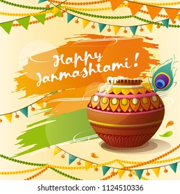 Happy Janmashtami. Indian festival greeting card. Dahi handi on Janmashtami, celebrating birth of Krishna.