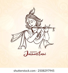 Happy Janmashtami Indian festival with lord Krishna line art vector