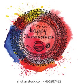 Happy Janmashtami Indian fest.Mandala pattern background.Vector Dahi handi on Janmashtami, celebrating birth of Krishna. Design Template , flyer, banner, greeting cards.Hand drawn illustration