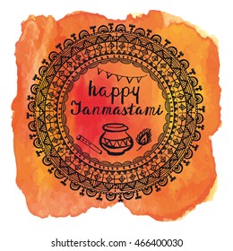 Happy Janmashtami Indian fest.Mandala pattern background.Vector Dahi handi on Janmashtami, celebrating birth Krishna. Design Template , flyer, banner, greeting cards.Hand drawn illustration