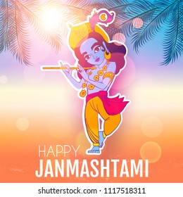 Happy Janmashtami. Joung Lord Krishna Playing Flute. Vector illustration