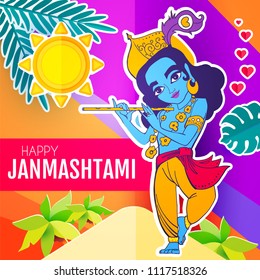 Happy Janmashtami. Joung Lord Krishna Playing Flute. Vector illustration