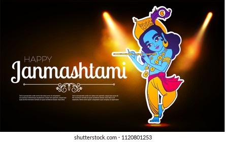 Happy Janmashtami. Joung Lord Krishna Playing Flute. Vector illustration