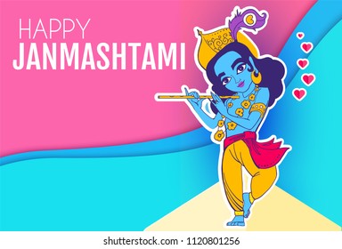 Happy Janmashtami. Joung Lord Krishna Playing Flute. Vector illustration